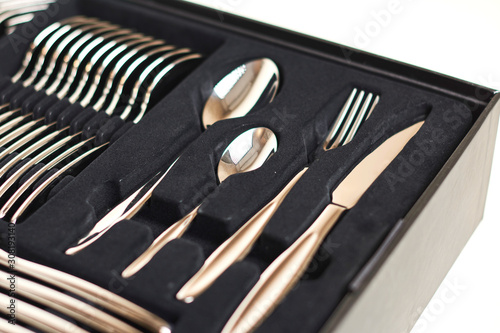 Set of forks on grey background. Forks as background