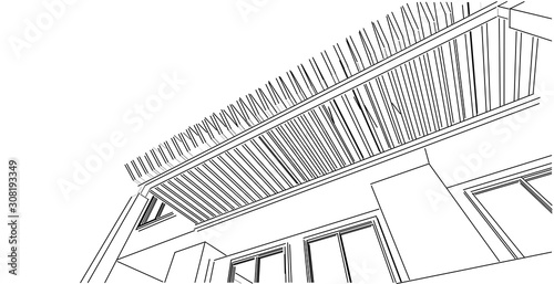 Architectural sketch line, House design work free hands drawing, Blueprint construction, 3D illustration