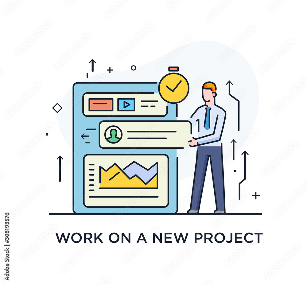 Businessman configures the organizer, project planning. Workflow, growth, graphics. Business development, milestones, start-up. linear illustration Icons infographics. Landing page site print poster Businessman configures the organizer, project planning. Workflow, growth, graphics. Business development, milestones, start-up. linear illustration Icons infographics. Landing page site print poster