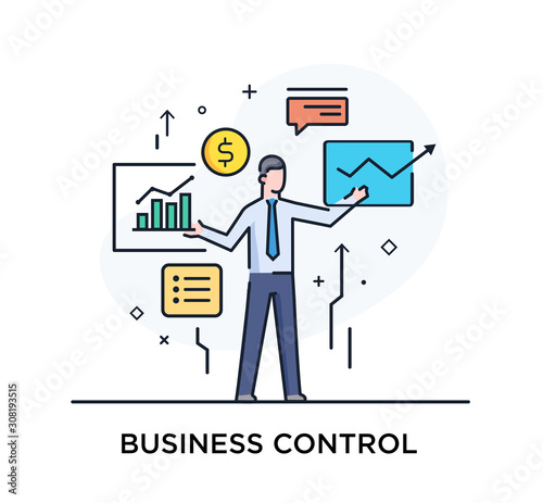 Businessman controls the interface of monitors. Workflow, growth, graphics. Business development, milestones, start-up. linear illustration Icons infographics. Landing page site print poster. Line