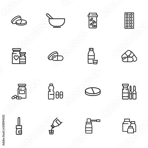 Medication icon set. Line icons collection on white background. Tablet, pill, painkiller. Supplement concept. Can be used for topics like healthcare, illness, pharmacy