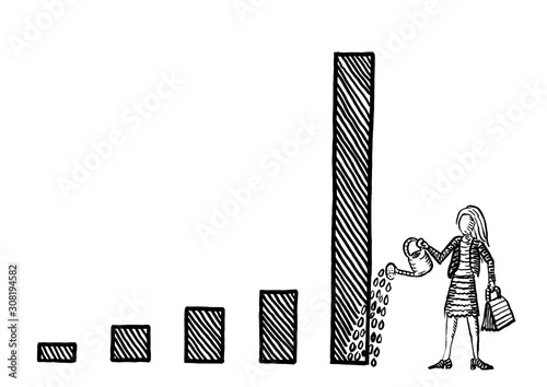 Drawn Business Woman Watering Tall Chart Bar