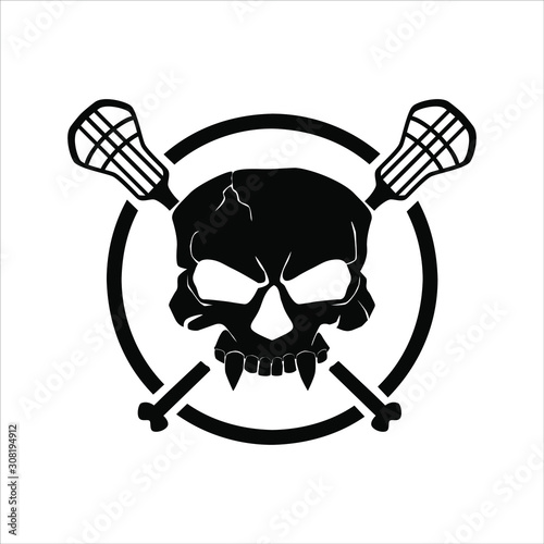 lacrosse logo vector with black skull and lacrosse stick 