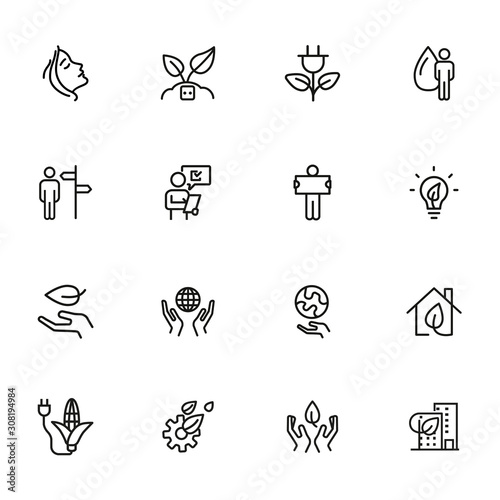 Nature saving line icon set. Set of line icons on white background. Ecology concept. Leaf, person, battery, energy. Vector illustration can be used for topics like environment, ecology