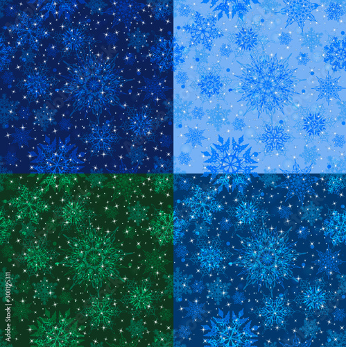 Snowflakes seamles background collection with sparkles afor Christmas or New Year greeting card. Vector illustration.