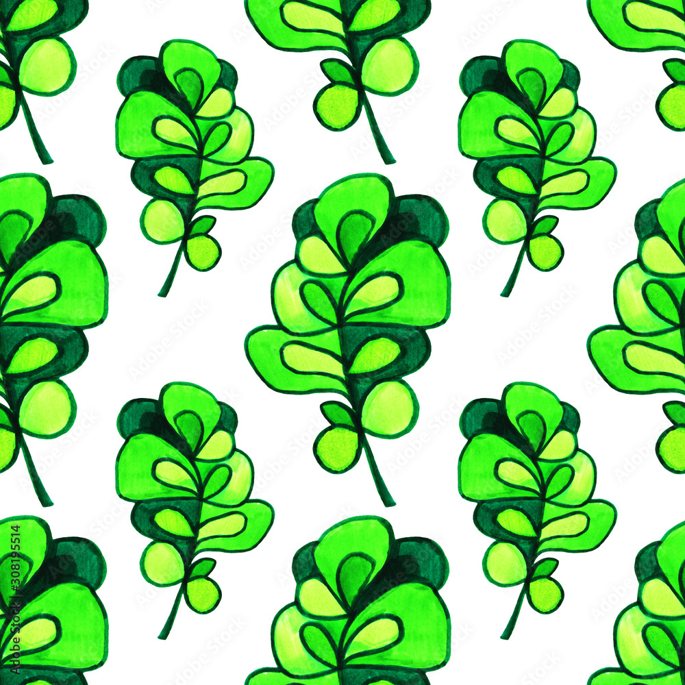 Seamless pattern with green branch with leaves markers on white background