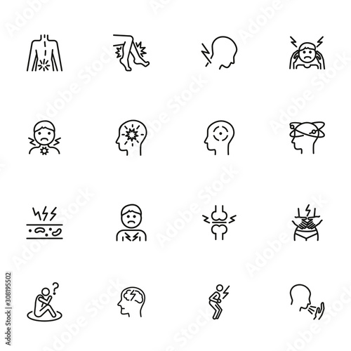 Pain line icon set. Headache, sore throat, stomach ache. Health care concept. Can be used for topics like illness, disease, symptoms