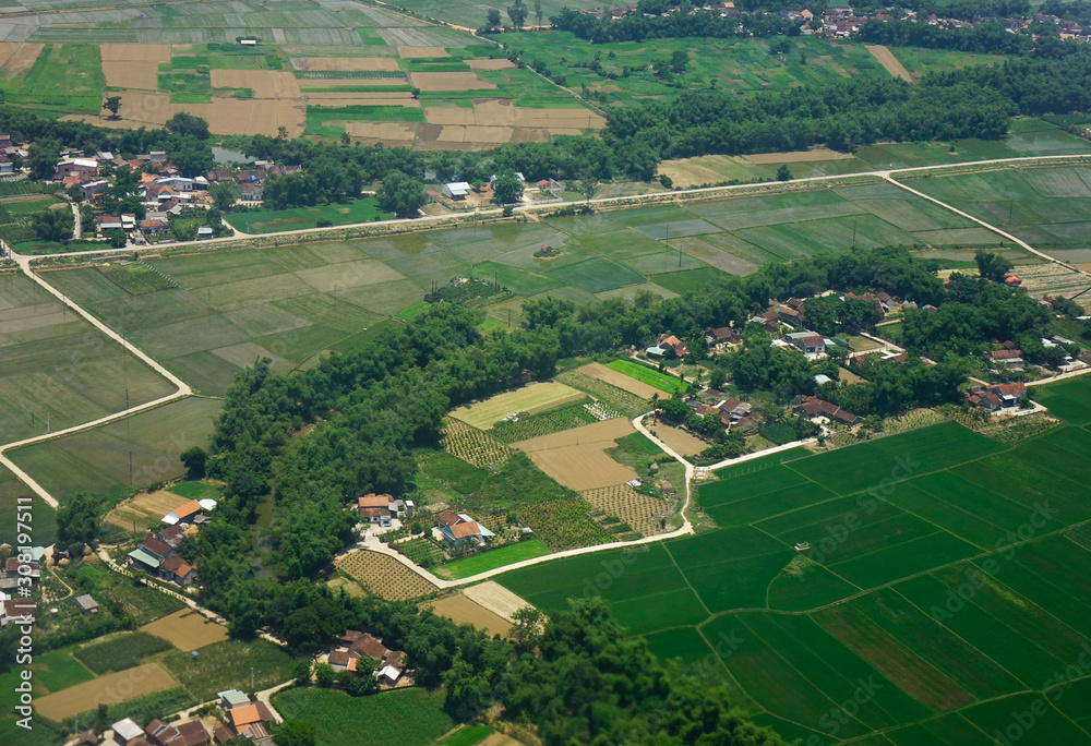 Flying over rural scenery at summer day