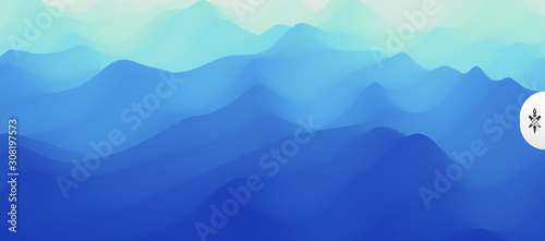 Blue abstract background. Realistic landscape with waves. Cover design template. 3d vector illustration. © Login
