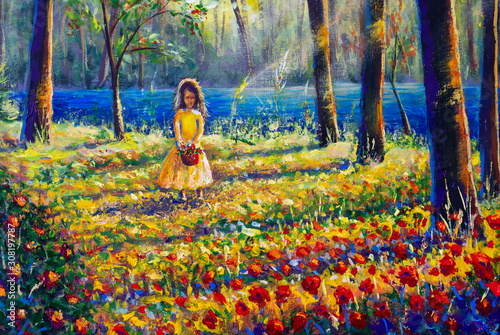 Original oil impressionism modern painting, illustration for book or to a fairy tale - Beautiful little girl in sunny sunlight flowers forest park alley photo