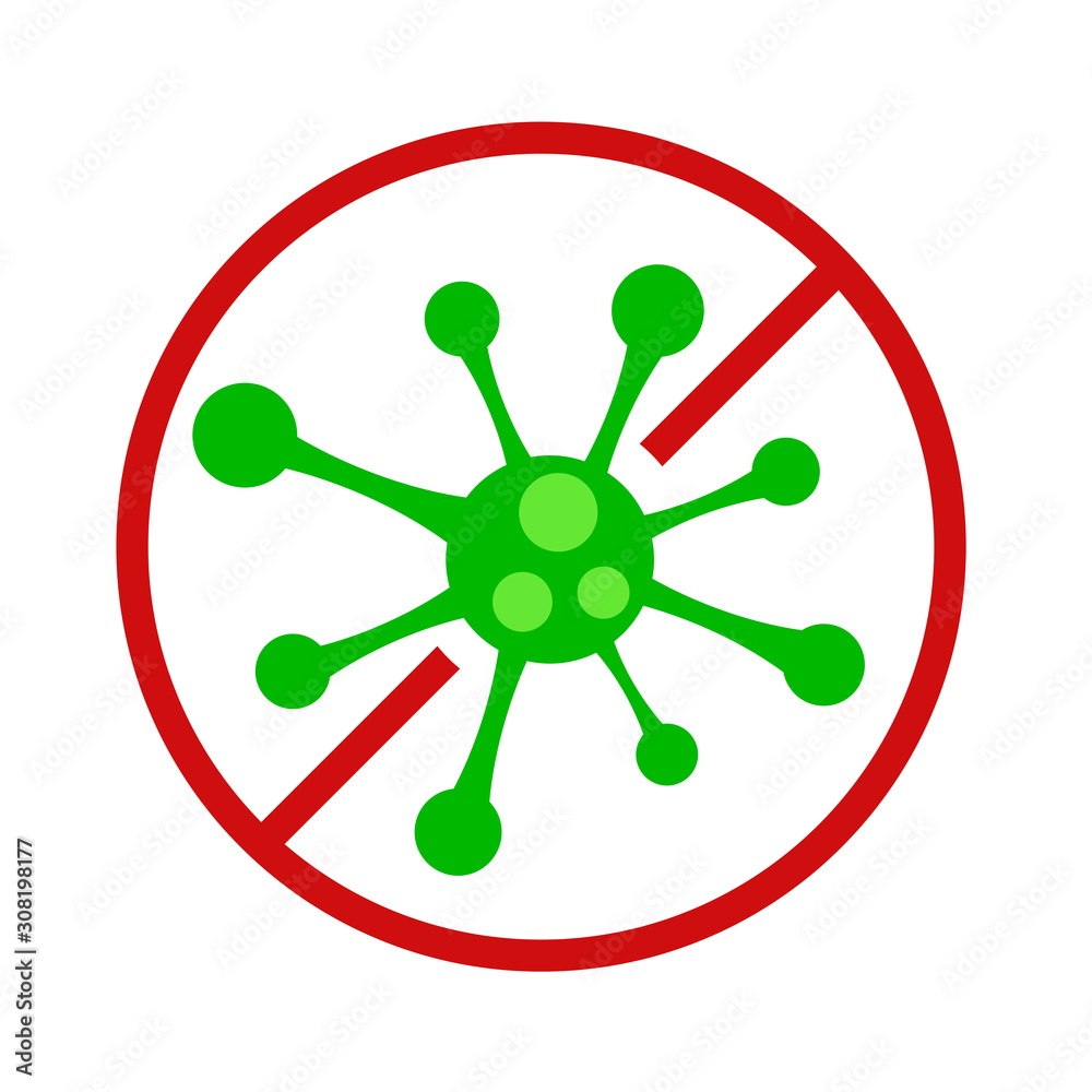Antibacterial icon with green virus in red circle for design on white. No bacteria vector sign Antibacterial icon with green virus in red circle for design on white. No bacteria vector sign