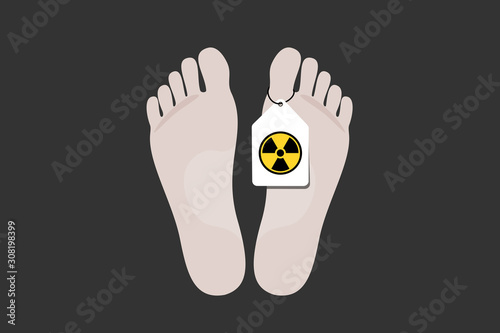 Nuclear radiation and irradation killed a human person - deceased body is labelled by  atomic radioactivity symbol. Vector illustration. 