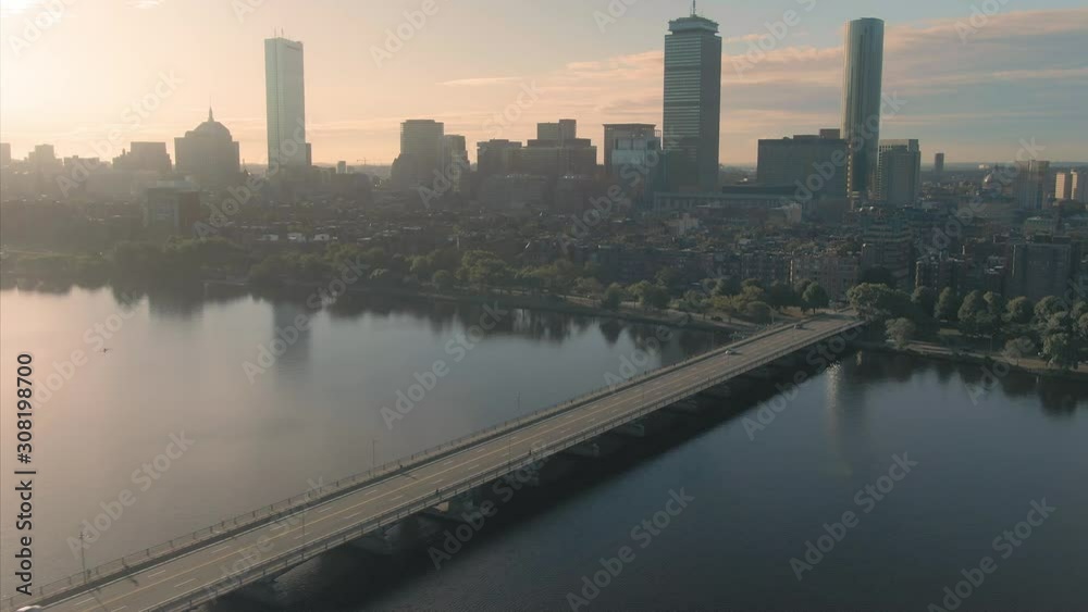Aerial flying over Traffic on Harvard Bridge that crosses the Charles River Boston, Massachusetts, USA Aerial flying over Traffic on Harvard Bridge that crosses the Charles River Boston, Massachusetts, USA