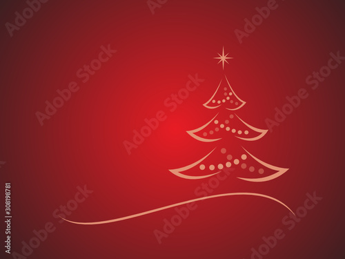 Golden christmas tree on red background