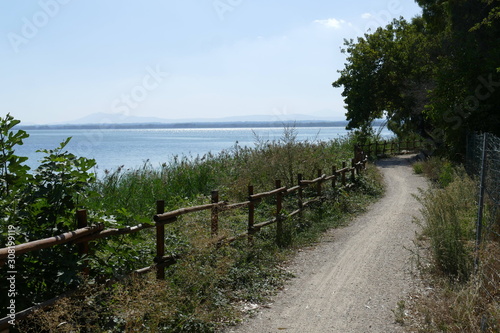 ring cycle path along Trasimeno Lake through the woods and vegetation in the Regional Park.