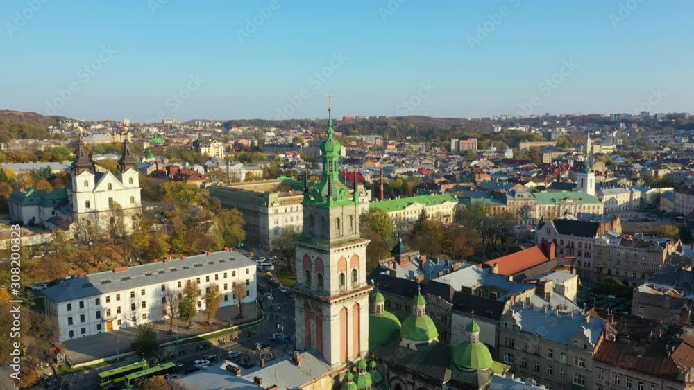 Aerial video of Uspinska Church in in central part of old city of Lviv, Ukraine Aerial video of Uspinska Church in in central part of old city of Lviv, Ukraine