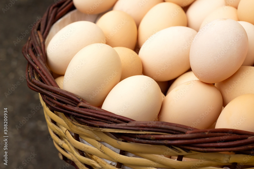 Fresh chicken eggs in a basket close up, selective fokus. Fresh chicken eggs in a basket close up, selective fokus.