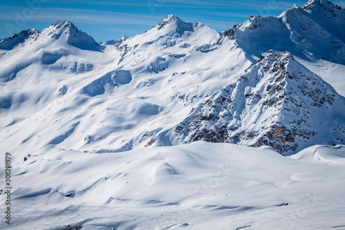 Winter panoramic view of the snowy high mountains of Elbrus in the Russia