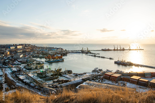 korsakov city port on a sunset