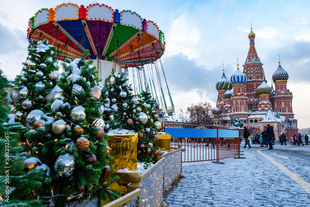 St Basil 2022 Christmas Bazaar Moscow. Russia. St. Basil's Cathedral. Christmas Market In Red Square.  Kremlin. Christmas Market Near The Kremlin. Christmas Holidays In Russia.  Winter In Russia. Snow. Russian New Year Stock Photo | Adobe Stock