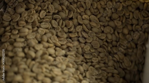 Green coffee beans are poured into the roasting oven.