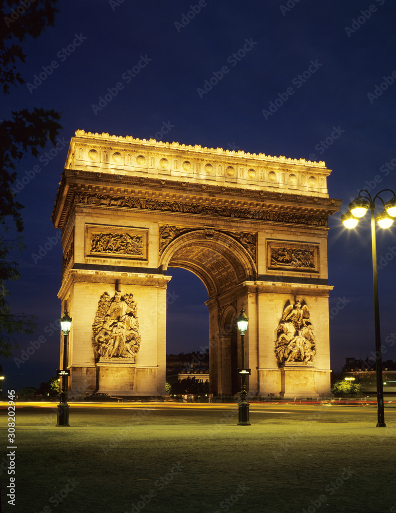 France, Paris, Arc De Triumph illuminated at night