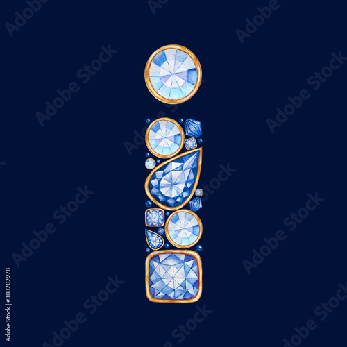 Letter from Blue Crystal with gold. Alphabet with diamonds and brilliant, jewelry shop logo concept on dark blue background. Watercolor bright illustration. Shiny glamour fashion gem font Big Latter I