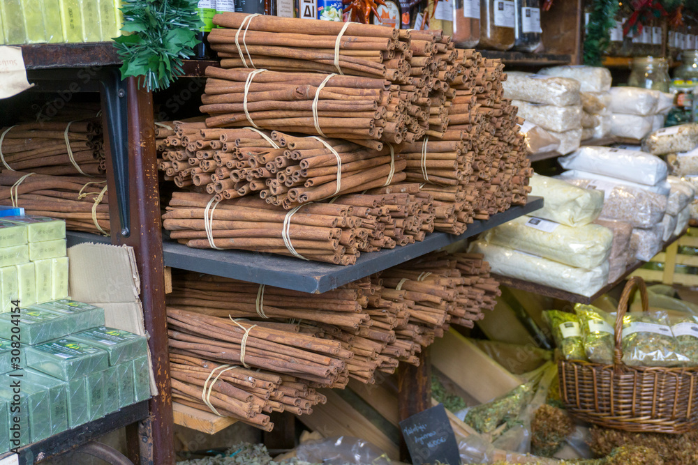 
cinnamon sticks at a street market
