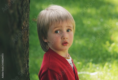 Obraz na płótnie Portrait of little caucasian boy in casual clothes in home garden w salonie