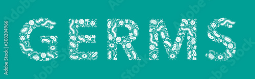 white germs / bacteria spelling the word Germ on a green background - Vector illustration