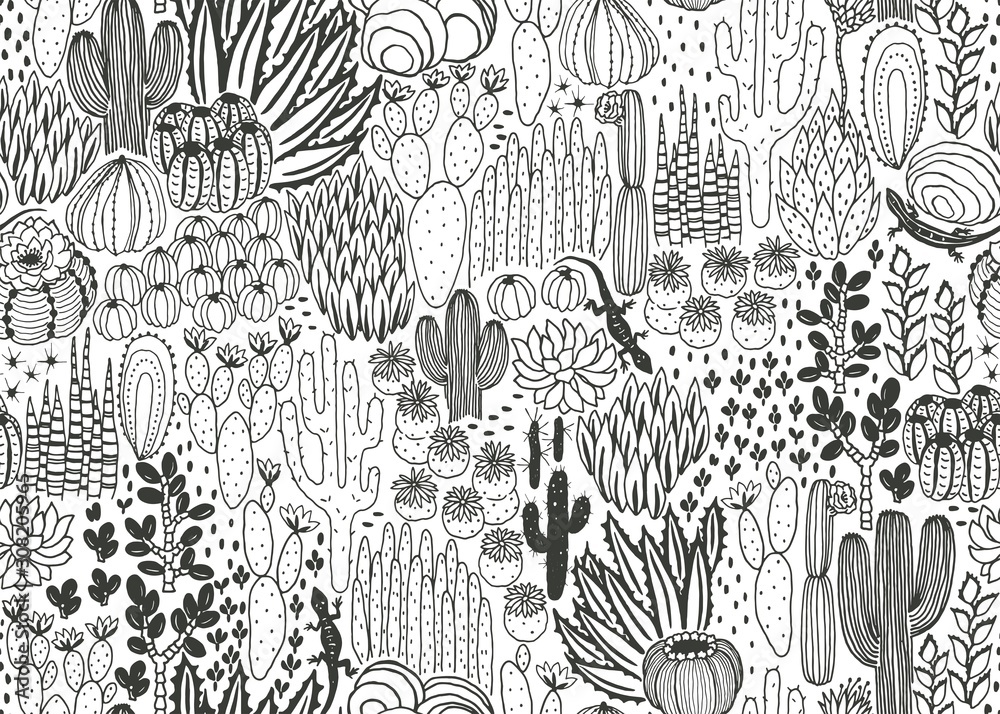 Mexican seamless pattern with cacti, succulents and lizards, wilderness, environment, landscape, thicket. Vector rectangle hand drawn illustration in vintage style, dark silhouette on white background