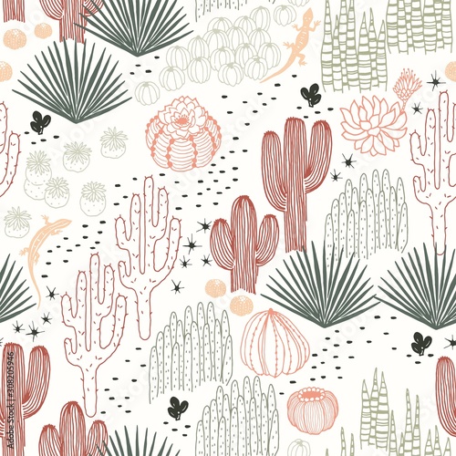 Mexican seamless pattern with cacti, succulents and lizards, wilderness, environment, landscape. Vector hand drawn illustration in vintage style on ivory background.