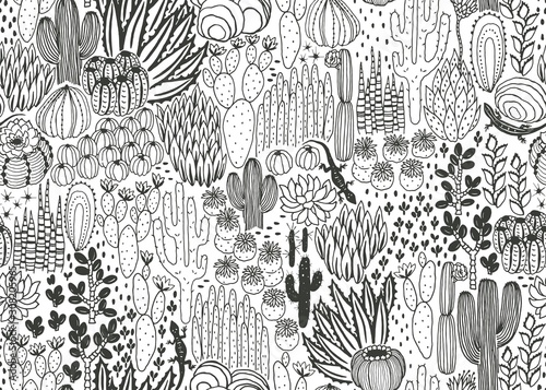 Mexican seamless pattern with cacti, succulents and lizards, wilderness, environment, landscape, thicket. Vector rectangle hand drawn illustration in vintage style, dark silhouette on white background