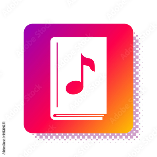 White Audio book icon isolated on white background. Musical note with book. Audio guide sign. Online learning concept. Square color button. Vector Illustration