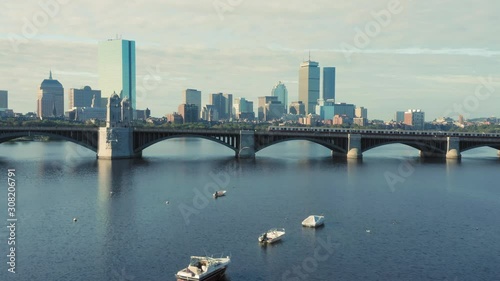 Aerial drone the longfellow Bridge over the Charles River and the Boston City Skyline. Boston, Massachusetts, USA photo