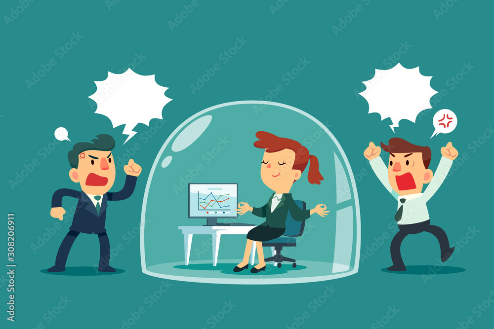 businesswoman relaxing inside glass dome while others colleagues shouting