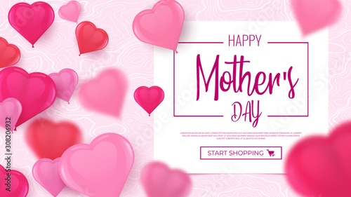 Mother's day sale background with 3d heart balloons. Vector illustration for Mothers and Women's day, 8 March