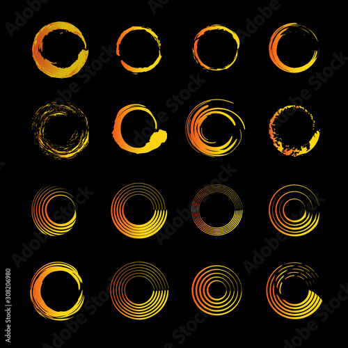 Set of vector icon, and logo depicting the solar circle. Modern styling sun. Collection of logos and icons of gold, orange and yellow colors.