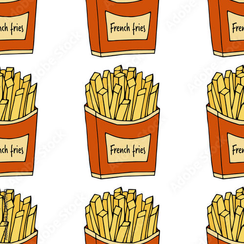Fried potatoes. Seamless pattern. hand drawn vector illustration.  french fries. doodles or cartoon style.