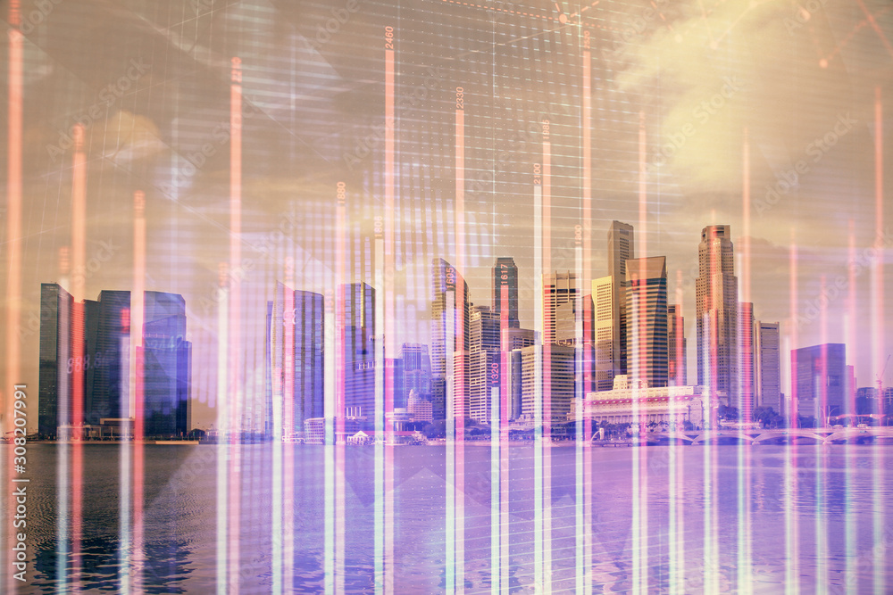 Forex chart on cityscape with tall buildings background multi exposure. Financial research concept. Forex chart on cityscape with tall buildings background multi exposure. Financial research concept.