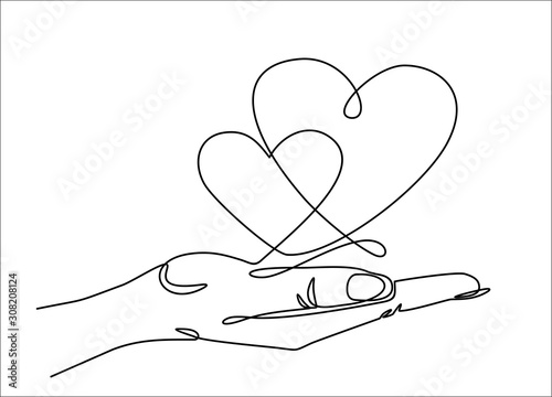 One continuous line drawing of hand holding heart. Vector illustration. St. Valentine's Day