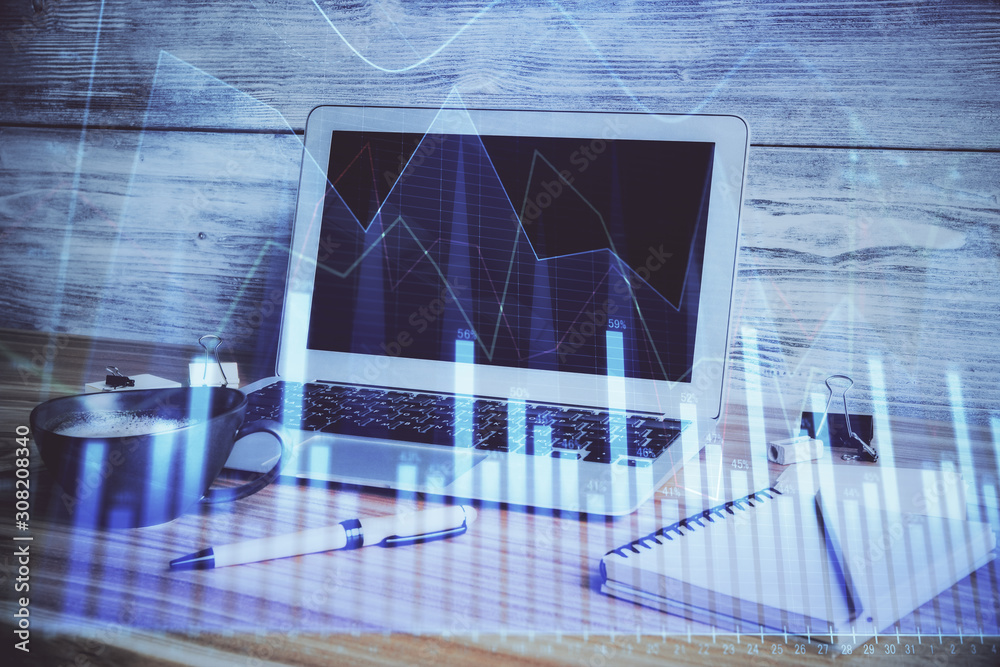 Multi exposure of forex chart and work space with computer. Concept of international online trading. Multi exposure of forex chart and work space with computer. Concept of international online trading.