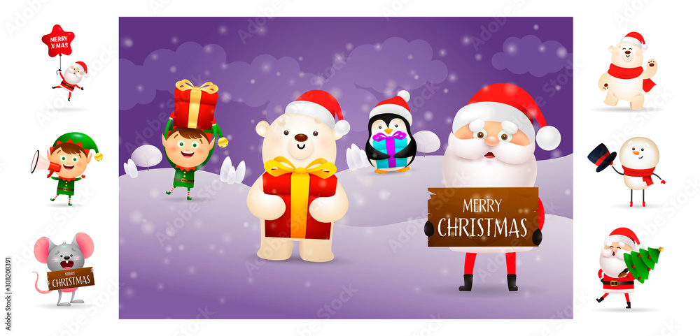 Merry Christmas card with cartoon Santa and bear. Text with decorations can be used for invitation and greeting card. New Year concept Merry Christmas card with cartoon Santa and bear. Text with decorations can be used for invitation and greeting card. New Year concept