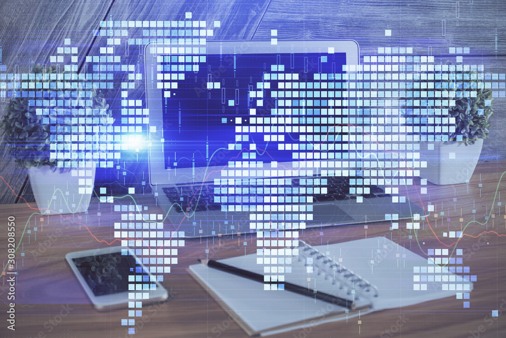 Multi exposure of business theme icons and work space with computer background. Concept of success. Multi exposure of business theme icons and work space with computer background. Concept of success.
