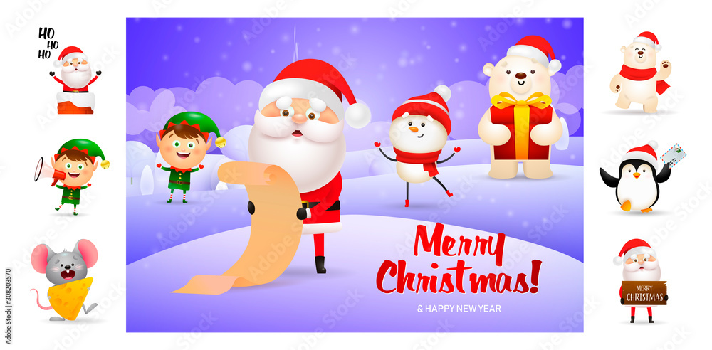 Merry Christmas card with Santa reading paper. Text with decorations can be used for invitation and greeting card. New Year concept Merry Christmas card with Santa reading paper. Text with decorations can be used for invitation and greeting card. New Year concept