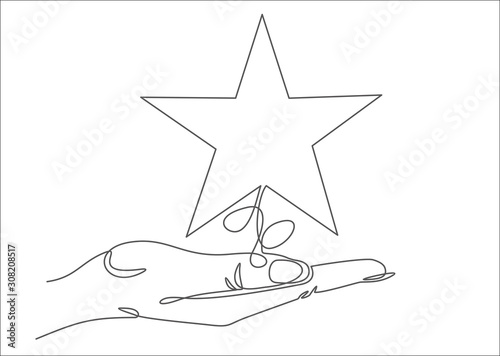 Woman holds star on the palm of his hand, puts rating, reviews. Vector continuous line.