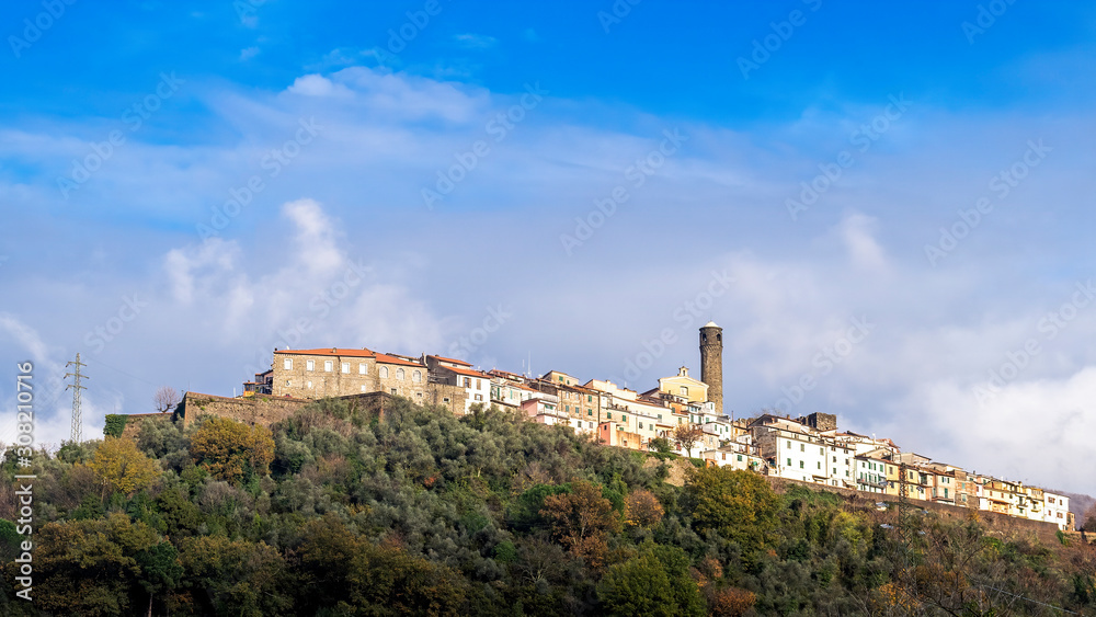 Caprigliola near Aulla, Massa Carrara, Italy, medieval hilltop village in autumn sunshine. Lunigiana.