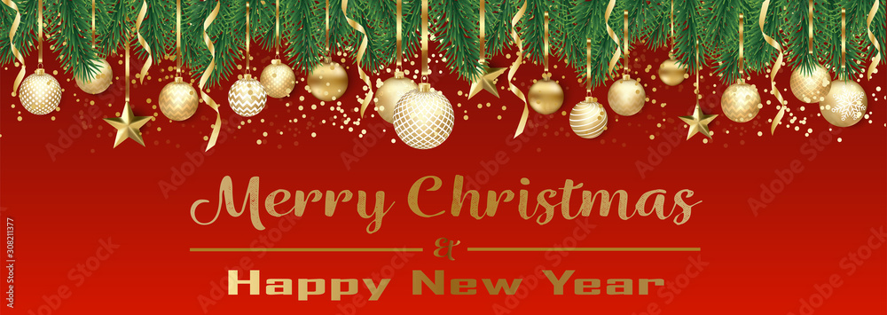 Bannière ou carte de noël et nouvel an - Merry Christmas and Happy new year sapin boules dorés – serpentin étoile confettis fond rouge