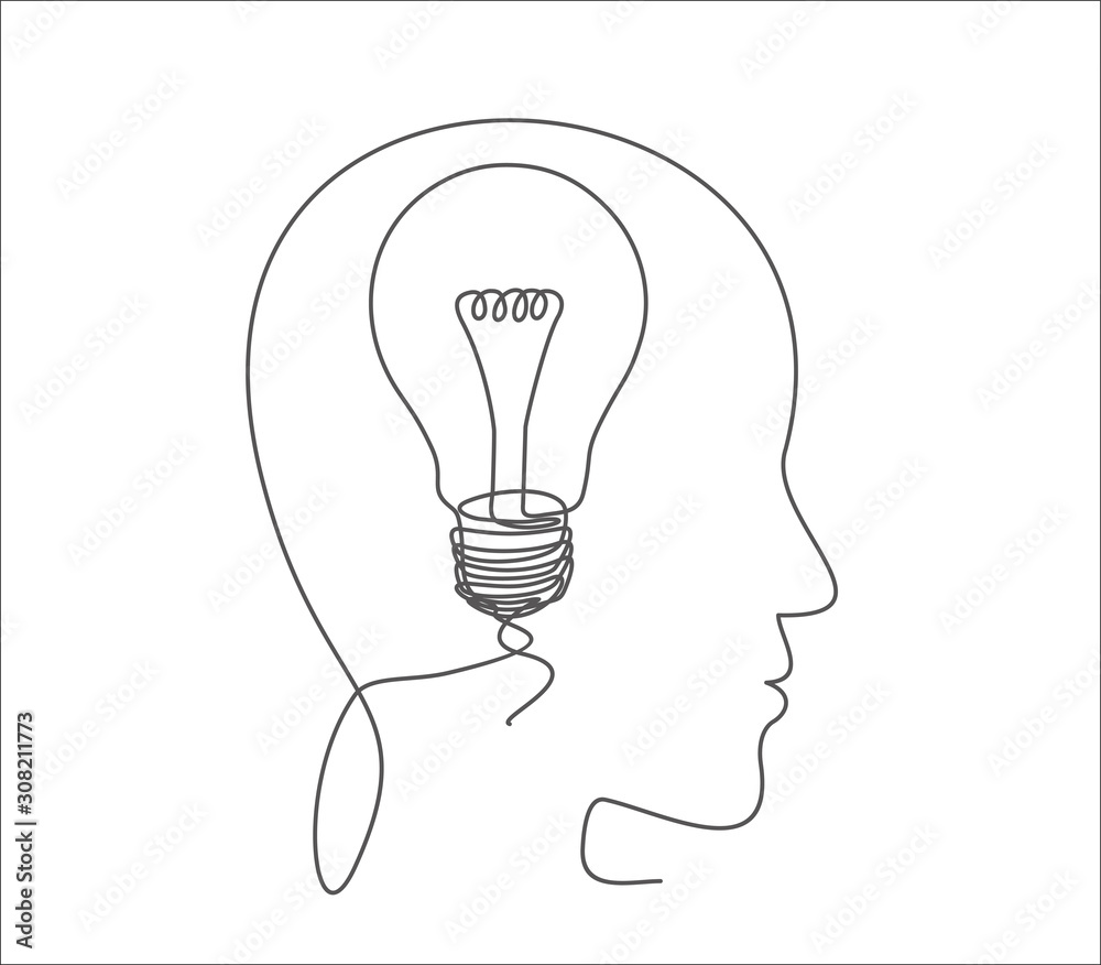 Continuous one line drawing light bulb symbol idea.The concept of thinking ideas inside the person's head Continuous one line drawing light bulb symbol idea.The concept of thinking ideas inside the person's head
