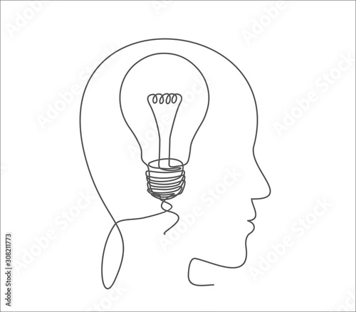 Continuous one line drawing light bulb symbol idea.The concept of thinking ideas inside the person's head